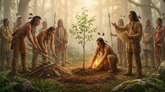 The Peacemaker planting the Tree of Peace while Hiawatha looks on