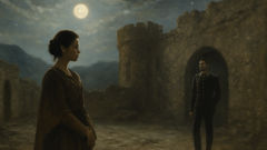 Pechorin and Bela in a moonlit Caucasus fortress, shadows and tension between them