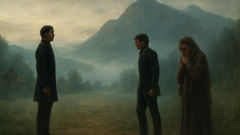 Pechorin facing Grushnitsky at dawn for a duel near Pyatigorsk, Princess Mary in tears