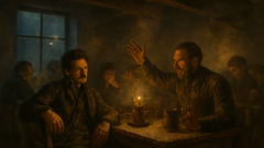 Pechorin in a Stavropol tavern debating fate amid candlelight and shadows