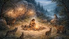 Eine Gestalt am Feuer formt Ton, während Tiere zuschauen; Geschichten entstehen und erzählt werden.