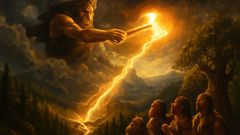 Perkunas hurls his blazing axe from storm clouds, creating valleys below as villagers watch in awe.