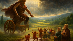 Perkunas rides above green fields and forests as gentle rain falls, villagers celebrating below.