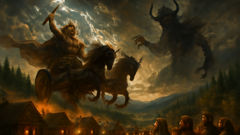 Perkunas battles Velnias in a stormy sky, lightning clashing with shadows over Baltic villages.