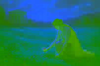 Perséfone estende a mão para uma flor de crochus dourada em um prado ensolarado, momentos antes de Hades surgir.