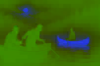Ancient fishermen witnessing a glowing canoe in the bay mist