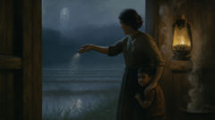 Villagers scattering salt at a threshold under moonlight during a Krasue encounter