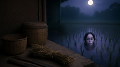 Traditional Thai midwife herbs and moonlit rice paddy where Krasue legends arise