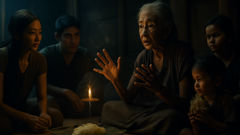 Un anciano cuentacuentos en un pueblo tailandés, a la luz de los faroles, relata los orígenes de Phi Pop.