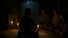 Interior de una casa preparada para un ritual Phi Pop, con ofrendas y un médium espiritual.