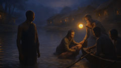 Pindola am Fluss rettet ein Kind, während Dorfbewohner im Morgenlicht zuschauen.