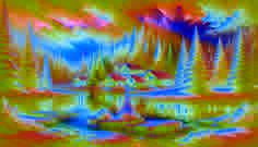 A winter landscape transformed with bursts of warm colors and glowing sunlight among snow and pines.