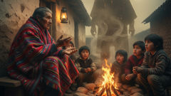 An elder speaks by the hearth, passing the Pishtaco story to a new generation.