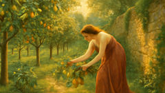 Pomona working in her orchard, surrounded by fruit trees and ancient stone walls.