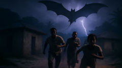 Shadowy bat-winged Popobawa sweeping over Zanzibar village rooftops at night