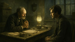 Inspector Porfiry Petrovich questions Rodion, both seated across a small wooden table.
