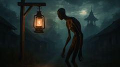 Lantern light touching the hollow form of a preta at the edge of a Thai village