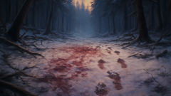 A snowy forest clearing with bloody wolf and human footprints side by side