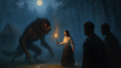 A moonlit clearing where Ilinca faces the monstrous Pricolici with glowing eyes