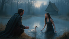 Prince kneeling by frozen pond as white duck transforms into princess