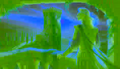 El príncipe sube por una torre cubierta de hiedra bajo el crepúsculo para encontrarse con una doncella de cabello dorado.