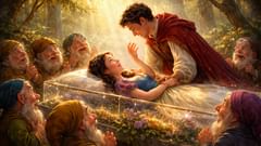 Del sueño que parece muerte a una nueva vida: el beso del amor verdadero (o la liberación de la manzana) devuelve a Blancanieves a casa.