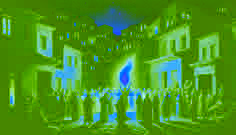 La luz parpadeante de las llamas ilumina un pueblo en la noche, con personas reunidas alrededor de una llama central que Prometeo ha entregado.