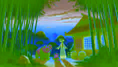 Twilight scene with Goldy Luck bidding farewell to her panda friends outside the charming cottage.
