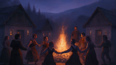 Los habitantes de Gornja Reka celebran alrededor de una hoguera tras haber derrotado al Psoglav.