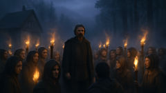 Los aldeanos y Jovan preparan antorchas para cazar al Psoglav en un bosque balcánico cubierto de niebla.
