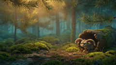 أول لقاء في وِكرٍ مُبطّن بالطحالب: يلتقي الفضولُ بزائرٍ صغيرٍ من الغابة يراقبه بعينٍ يقظة.