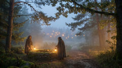 تبادل بين الأجيال: رعاية الأرض وقصة تُروى على درب ملبّد بالضباب تحت أشجار الصنوبر.