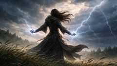 La Sorcière de la Pluie lève les bras vers le nuage d’orage, des éclairs scintillent au bout de ses doigts, tandis que les vents se lèvent.