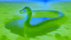The Rainbow Serpent emerging from a hidden waterhole, scales aglow with iridescent hues under a pale dawn sky
