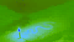 Ancient Aboriginal carvings along a riverbank depicting the Rainbow Serpent beneath starry skies