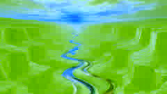 Silver rivers winding through red sandstone canyons under a golden sunset, shaped by the Rainbow Serpent
