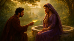 Ramin and Vis meet secretly in a garden beneath cypress trees