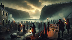 Ilustração de uma folha avulsa retratando a captura de Sawney Bean e moradores arrastando prisioneiros pela cidade.