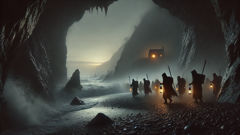 Clã Sawney Bean emergindo da caverna ao anoitecer.