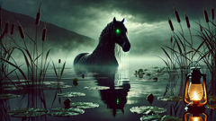 A black kelpie emerges from Loch Cùil at twilight, eyes glowing green and mane dripping water.