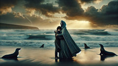 A selkie mother embraces her son on a stormy Irish shore as dawn breaks.
