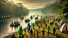 Comunidade do Rio Hawkesbury em fantasias de monstros no festival anual à beira da água