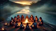 Anciãos Darug contam histórias de monstros do rio ao redor de uma fogueira perto do rio Hawkesbury.