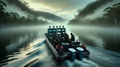 Caçadores de monstros sondam o Rio Hawkesbury com sonar em um pequeno barco