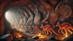 Aborigine-Höhlenmalerei, die einen Beutelwolf unter der tasmanischen Tierwelt darstellt