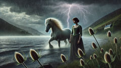 Isla faces the kelpie on a stormy night beside Loch Cùil, lightning reflecting in its mane.