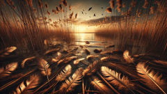 Close view of metallic feathers scattered among the reeds of Lake Stymphalus as the sun sets