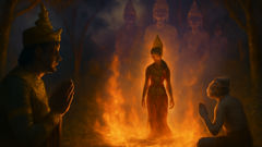 Neang Seda stands in fire as Preah Ream and Hanuman watch in awe