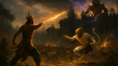 Epic battle at the walls of Lanka with Preah Ream, Hanuman, and demons