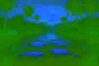 Una pareja de formas luminosas de manatíes emergiendo del sereno agua de la resaca, rodeadas de exuberante vegetación.